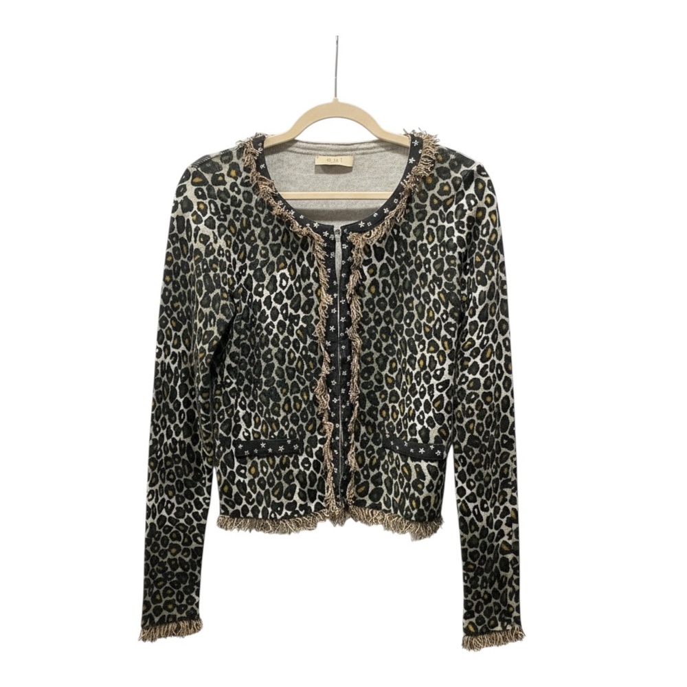 Vtg Y2K EURO OUI Grunge Leopard Print Cardigan with Fringe Size M